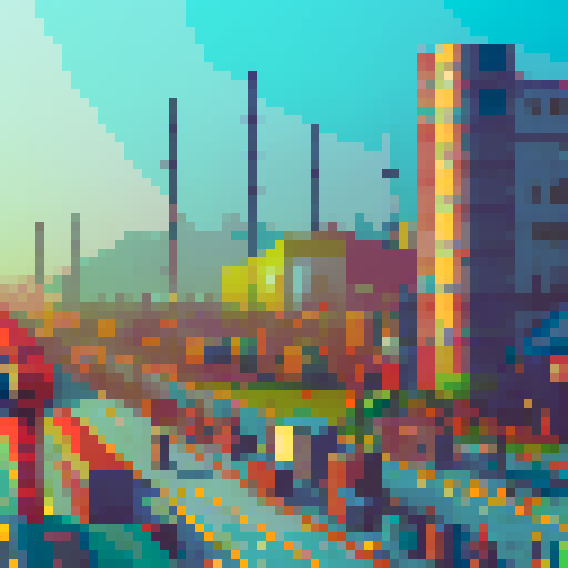 The optimistic future in the background to the right with bright colors and technology, with decaying factories in the foreground to the left with a person on the left side staring off at the future, with the bad of their head to the audience.