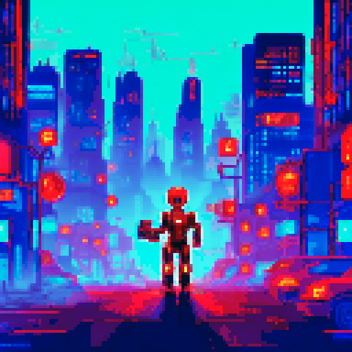 Cyborg scavenger with glowing eyes, navigating through rusty pipes and broken neon signs in an abandoned city of towering skyscrapers, illuminated only by flickering holograms and polluted air, with abandoned vehicles scattered in the background - all portrayed in dark, sRGB pixel art style