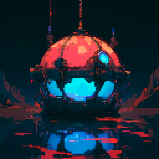 Sphere robotic, metallic sheen, glowing LED lights, mechanical limbs, retro-futuristic, geometric patterns, vibrant colors, low resolution, blocky pixels, 8-bit aesthetic, pixelated details, sharp edges, crisp lines, nostalgic video game vibe