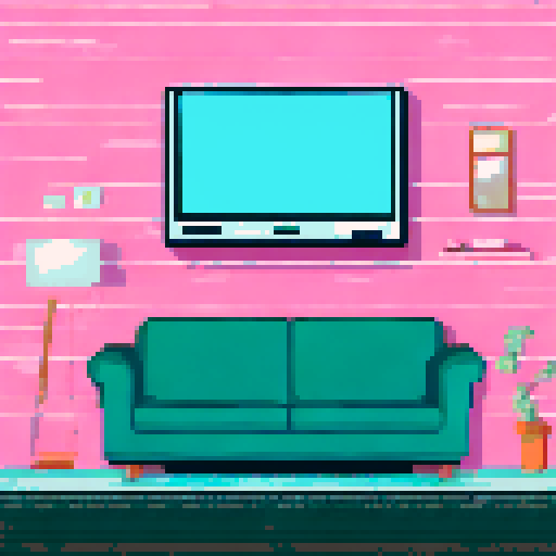 cozy living room  with giant widescreen television, a couch, a rug 8-bit retro