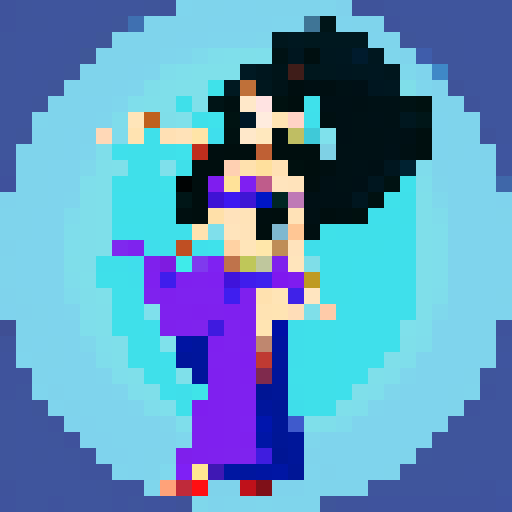 Beautiful cartoon wearing a blue belly dancer outfit and she has long black hair 