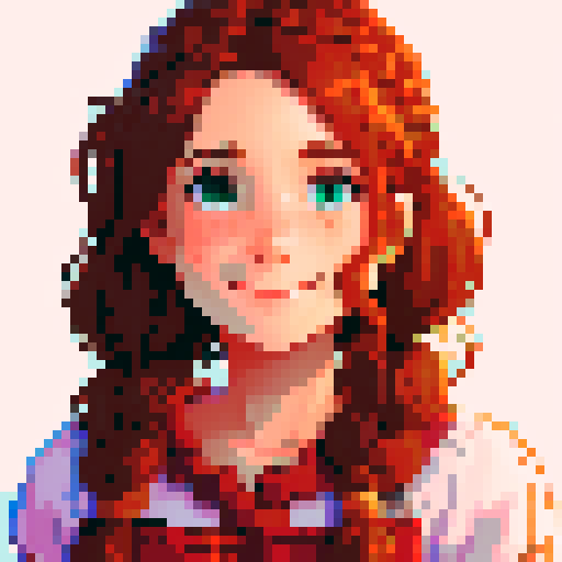 stardew valley-inspired, woman, pixel art, sRGB, vibrant colors, rustic backdrop,  braided hair, glowing skin,  gentle smile, freckles, rosy cheeks