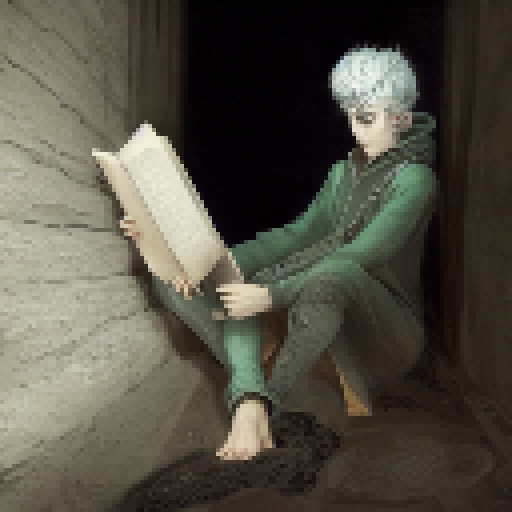 Mature boy, with silver hair and piercing green eyes, sits cross-legged on the ground, engrossed in a leather-bound book that glows with ancient runes, surrounded by flickering torches, in a dark and mysterious dungeon.