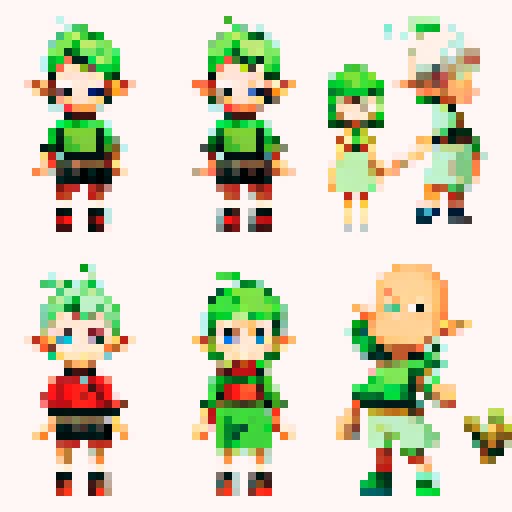 8-bit pixel art base character sheet of a chibi-style elf boy with no hair or clothes, serving as a fully customizable base model. The character has short legs and simple features
