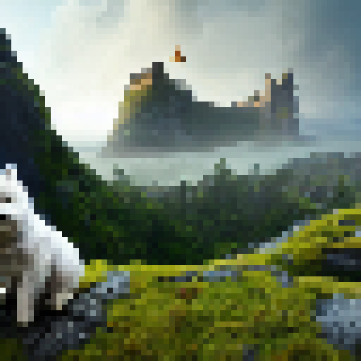 Westie dog, wielding a magical sword, stands atop a mossy cliff overlooking a sprawling kingdom, with a dragon circling in the distance and a castle shrouded in mist below.