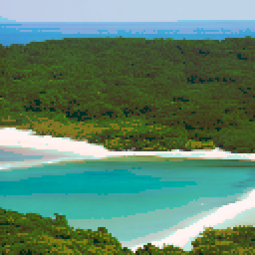 Breeze Bay Island is a small piece of land surrounded by clear ocean waters. It is shaped like a peninsula, framed by dense green trees, creating a dense forest cover.

The white sandy beach stretches along the coast, forming a natural promenade. The sand is soft and warm to the touch, inviting you to walk on it barefoot. In the distance, small dunes can be seen rising above the sandy coast.

The trees surrounding the islet create a dense green wall, behind which lush thickets of leaves and flow