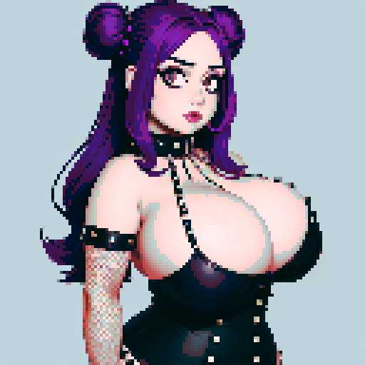 Nude portrait of thicc, curvy, and busty goth babe with studded collar, long purple hair in buns, fishnet stockings, studded halter top, sRGB color