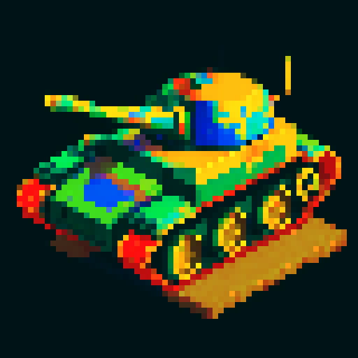 tank, top-view, Battle City style, game icon, 32x32 pixel art, sRGB, skill art, close up, portrait, metallic body, camouflaged, rotating turret, intimidating cannons, tracks, pixelated explosions, smoke trails, vibrant colors, intense action, nostalgic vibes