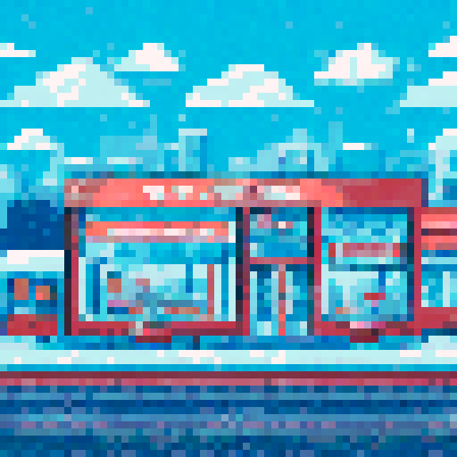 busy city cafe interior, winter cold, crowded tables, steaming cups, baristas brewing coffee, pixel art, sRGB