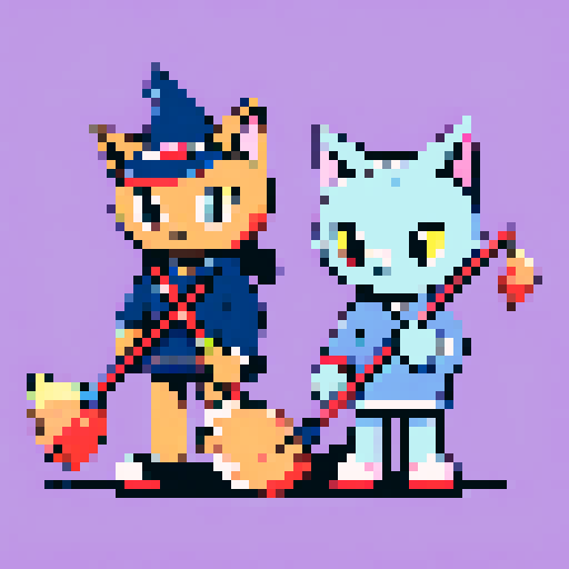 A cat and a dog, both holding a broomstick