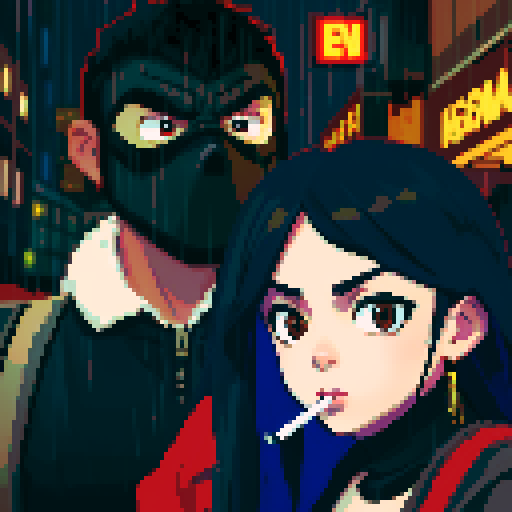 Girl on the right smoking a cigarette, guy on the left holding a gun with a black mask covering his face, gritty, rainy, nighttime, downtown