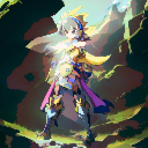 Female Paladin, wielding a gleaming sword, adorned in intricate armor, standing tall atop a rocky cliff, with flowing golden hair, surrounded by radiant light