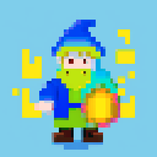 Create a pixel art character of a whimsical wizard. The wizard should wear a blue robe covered with yellow stars and a matching pointy hat. He should have a playful grin