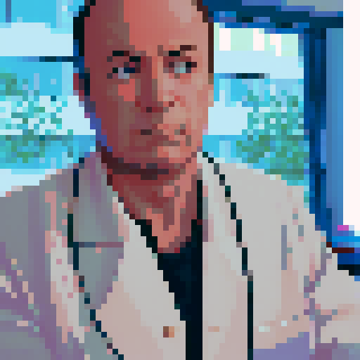 psychiatrist listening, cozy office, vintage furniture, warm lighting, thoughtful expression, pixelated art, vibrant colors, sRGB