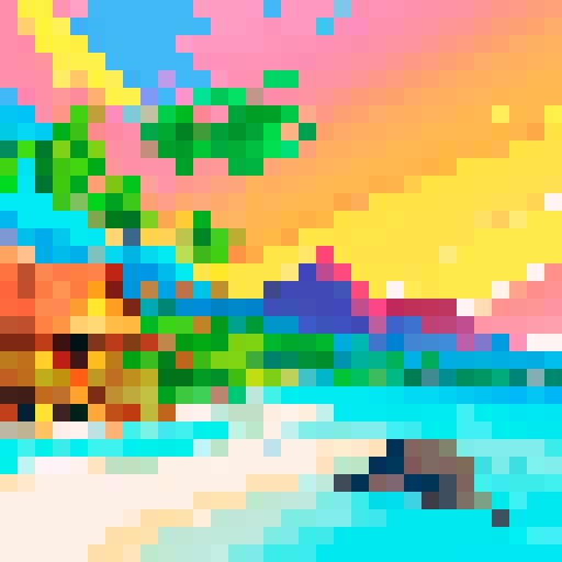 Vibrant palm trees, crystal clear turquoise waters, golden sandy beaches, cascading waterfalls, towering volcanic mountains, colorful coral reefs, charming beach huts, tropical fruits, flaming sunsets