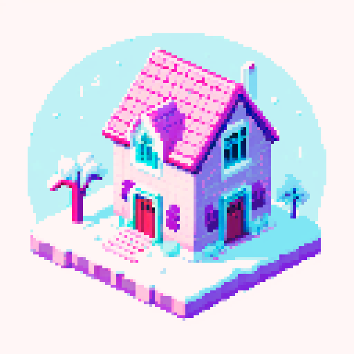 pastel palette, pixel art, ruins houses, snow