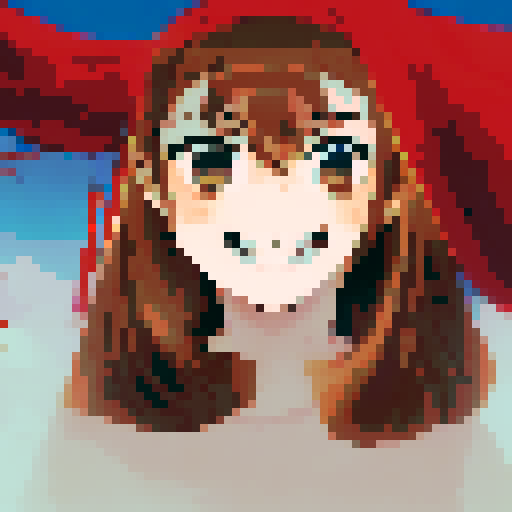 Brown and red-haired girl with a beaming smile framed by billowing blue curtains, captured in a character portrait with close-up details and an anime style, rendered in pixel art