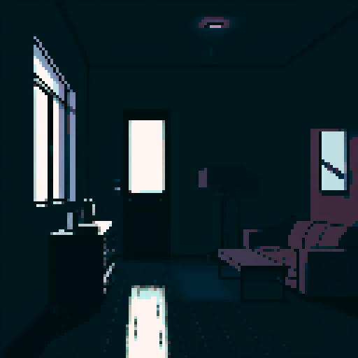 dark apartment interior at night, melancholy, depressed, lonely man's apartment, sadness, dimly lit, bare