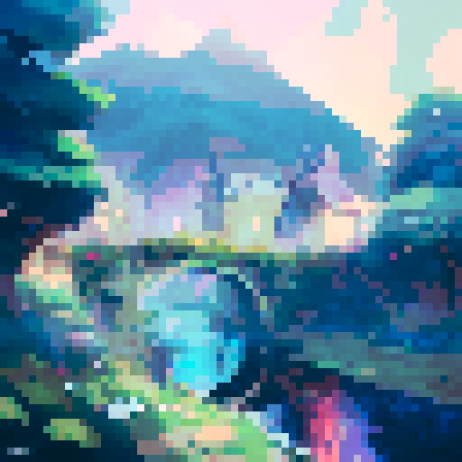 city, high tech castles, cathedrals with glowing stained glass windows, futuristic bridges spanning lush greenery, pixelated trees and flowers, small digital animals roaming, all in vibrant sRGB colors