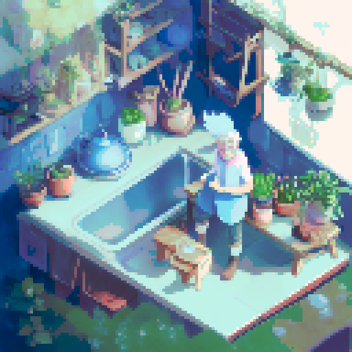 a boy, a gray-haired, blue-eyed figure in a cozy apartment, smiling with euphoria, surrounded by bright plants and works of art