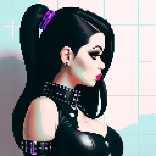 Side view of curvy, busty goth babe with studded collar. Full face portrait, 
 glamour shot. tile backsplash. Edgy aesthetic 