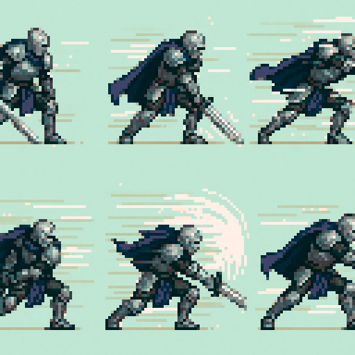 Knight in full silver-gray armor, deep blue cape, swinging large sword, 8 frames: Ready stance, sword tip touching ground, Starting swing, body leaning forward, sword raised back, Full-force slash, body rotating, sword slashing horizontally, Finishing pose, sword chopping lower left corner, pixel art, sRGB, speed line effects, cape fluttering, one knee bent