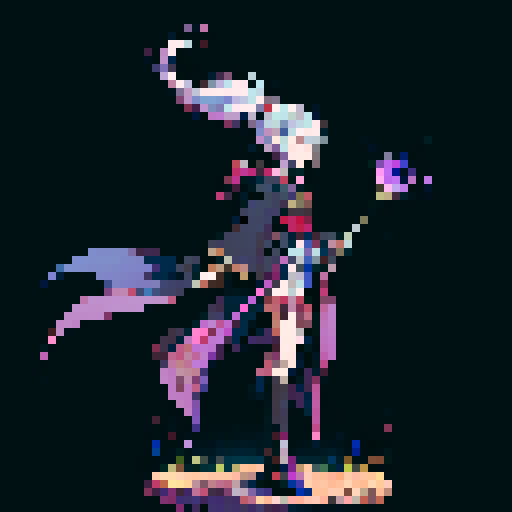 legendary anime girl wizard, floating above the ground, long flowing hair, dark and emo colors, glowing magical staff, intricate and ornate robes, intense and focused expression looking to the right, not wearing shoes, sparkling and shimmering background, sRGB