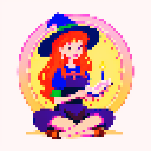Colorful Illustration of a charming young witch with a boho vibe, reading a crystal ball, viewed from the client's perspective, mystical atmosphere with candles and herbs