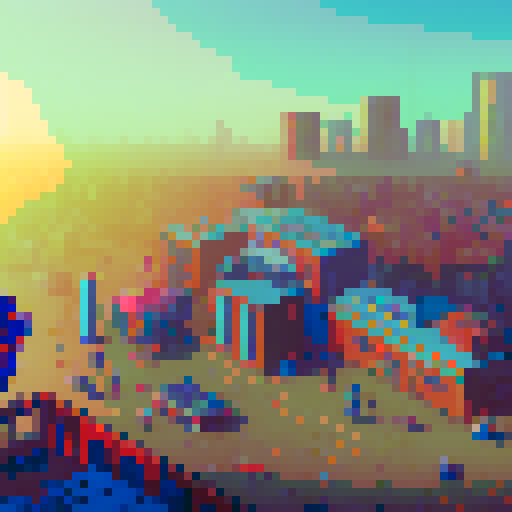 The optimistic future in the background to the right with bright colors and technology, with decaying factories in the foreground to the left with a person on the left side staring off at the future, with the bad of their head to the audience.