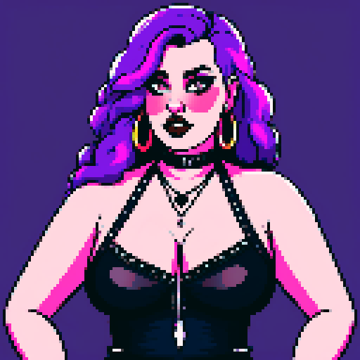 Plus size curvy, cute, busty greaser goth girl, with long purple hair, black eyeshadow, red lipstick. wearing low cut halter top and studded collar. Posing for upshot photo. whole head portrait, avatar photo. vibrant sRGB colors, pixel art, edgy aesthetic
