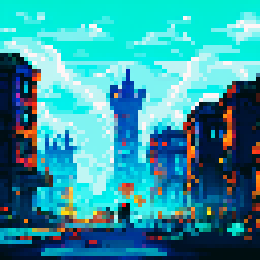 Zombie horde marching towards dilapidated buildings, abandoned streets covered in eerie darkness, flickering streetlights casting eerie shadows, overgrown vegetation reclaiming desolate landscape, broken windows reflecting scattered debris in 2D top-down pixel art style with sRGB colors, creating a haunting background landscape