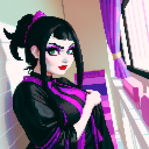 curvy cute goth girl face, black hair, purple eyeshadow, red lipstick, face portrait, glamour shot, vibrant sRGB colors, pixel art, nes style