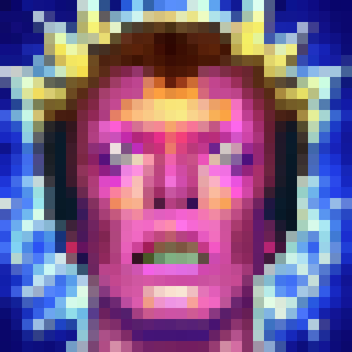 David Bowie with heterochromia, in a 32x32 skill art style, featuring his iconic Ziggy Stardust lightning bolt, set against a cosmic background.