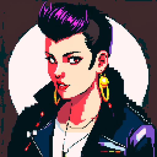 Thicc, busty goth girl, long purple hair, eyeliner, red lipstick, nude breast, studded collar, up close face portrait, vibrant sega genesis palette, nude pixel art portrait,