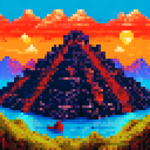 technological Aztec Style Pyramid, shimmering in neon hues, surrounded by frozen waters reflecting the pixel art skyline