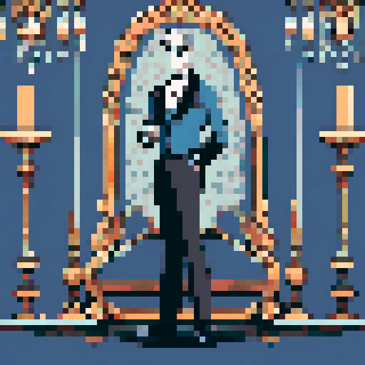butler, formal attire, monocle, polished shoes, silver tray, elegant hand gesture, vintage wallpaper, chandelier, detailed facial features, refined posture, intricate pixel art, vibrant sRGB colors