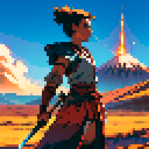 Anime warrior on an adventure with a volcano in the background. The warrior is holding a sword. 