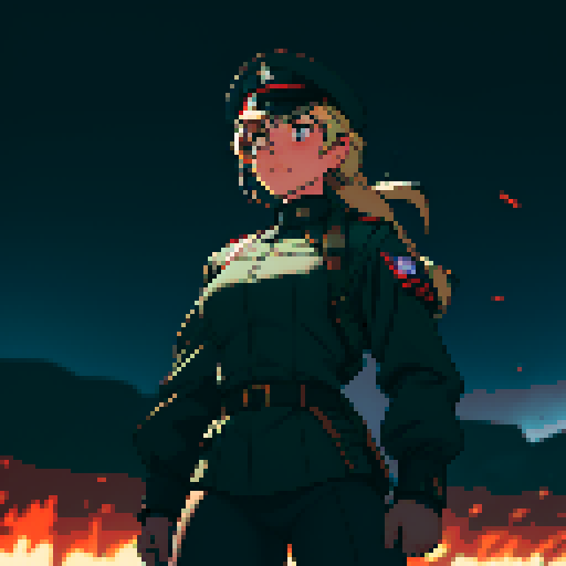 full-body image, muscle girl, female, thick biceps, big shoulders, big fists, muscular physique, thick waist, facing left, ready to fight, exaggerated proportions, black military uniform, black hat, military backdrop, sRGB, pixel art, army behind her, military behind her, army in background, army, soldiers, evil, dark, evil soldiers, black uniforms, destroyed town, battlefield