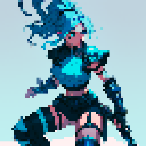 athletic female, exuding strength and agility. shoulder-length Midnight Blue hair, streaked with Royal Blue highlights. armor is a sleek combination of Dark Slate Blue and Neon Cyan, Steel Gray accents cover her gauntlets and shin guards, Charcoal Black underlayer. glowing Gold artifact on chest and Blue visor. utility belt, in Dark Gray with Neon Purple details, and black boots with Cyan highlights