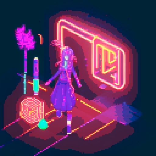 Mage anime girl with flowing hair, fluorescent tattoos, and a glowing staff, navigating through a purple neon-lit night market, vibrant colors, intricate patterns, retro aesthetics, pixel art