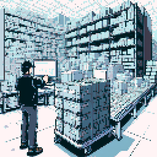 Bustling warehouse scene, central figure diligently working at a workstation. Left: overflowing trolley with assorted boxes, unique labels and markings hinting at global journey of goods Right: conveyor belt humming with activity, methodically transporting boxes Pixel art, sRGB style