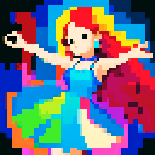 woman with flowing hair and vibrant, pixelated dress, gracefully dancing 