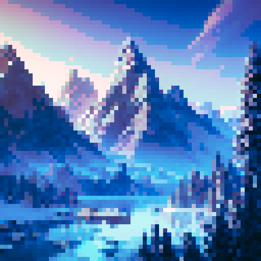 Towering skyscrapers, snow-capped mountains, a shimmering lake, and a palm tree oasis all come together in a pixel art landscape of Dubai in winter, set against a vibrant sRGB background