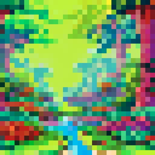 Lush, towering trees in shades of emerald and jade, their leaves shimmering in the sunlight, with a winding river flowing through the center, surrounded by vibrant flowers in a pixel art style, set against a stunning sRGB background