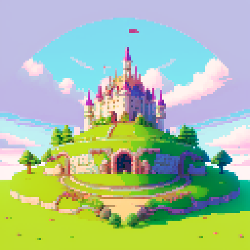 A magical battle arena with a slightly tilted grassy battlefield in the foreground, sloping upward into the distance. The bottom-left corner is clear for the player's perspective, while the middle-right shows vibrant mushrooms, glowing flowers, and the path leading toward a tall, enchanting castle in the background. The entire scene is framed by luminous trees and pastel skies, blending whimsy with balance.