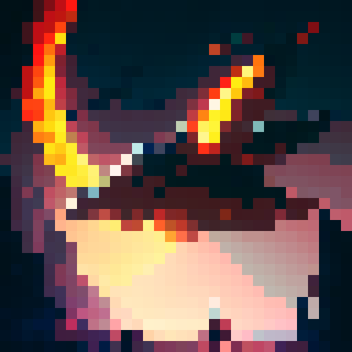 fancy red-orange bow with flames, pixel art, sRGB background