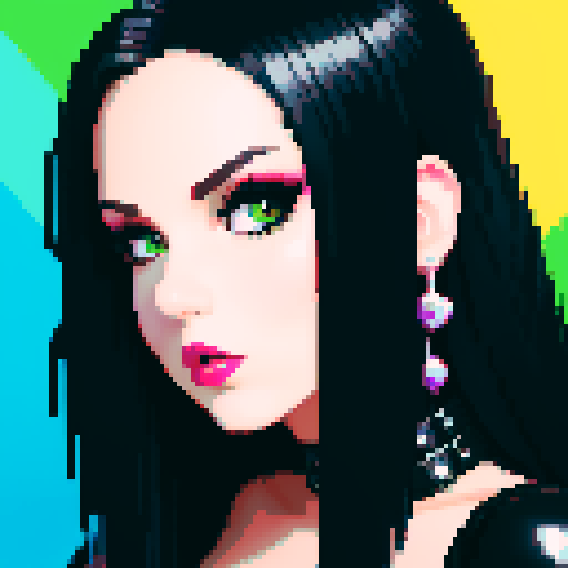curvy, busty goth girl, face portrait, close up, glamour shot, leather bikini, modern tile backsplash, vivid colors, pixel art, sRGB
