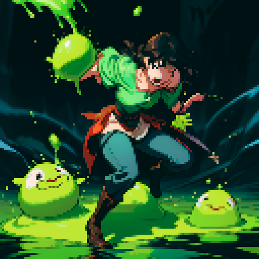 slime surging up around someone, slime engulfing a hero, slime consuming a hero, hero getting engulfed by slime, slime attack, dynamic, slime slamming into someone, impact, splashing slime, full-body image, full-body art, black hair, brown outfit