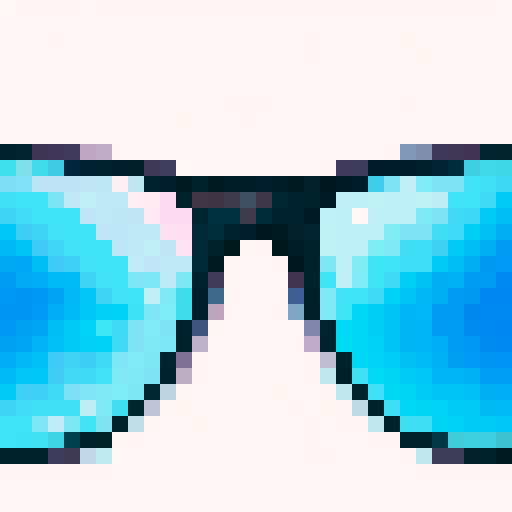 Neon pink and blue sunglasses with pixelated frames and a retro design, reflecting the city skyline at night, neutral perspective, medium shot