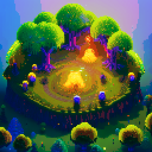 Dozens of glowing vines, pulsating with energy, wrap around a towering, gnarled tree with sparkling leaves, guarded by ethereal spirits wielding crackling lightning bolts in a pixel art landscape, with a background pulsing in sRGB hues